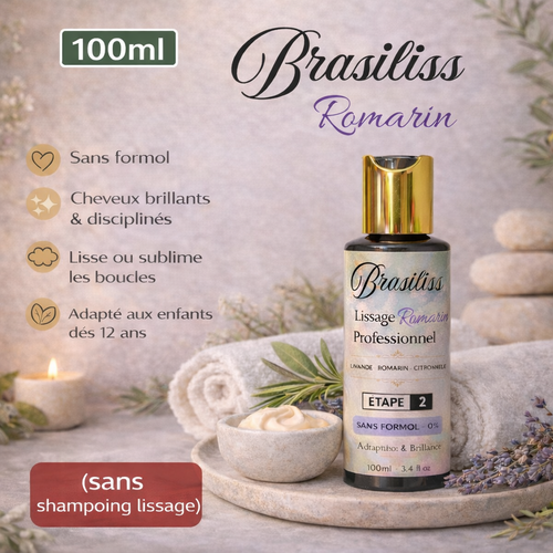Flacon de lissage professionnel Brasiliss Romarin 100ml, sans formol, pour cheveux brillants, lisses ou bouclés, adapté aux enfants dès 12ans