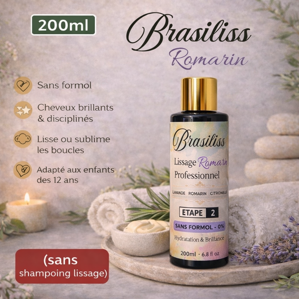 Flacon de lissage professionnel Brasiliss Romarin 200ml, sans formol, pour cheveux brillants, lisses ou bouclés, adapté aux enfants dès 12ans