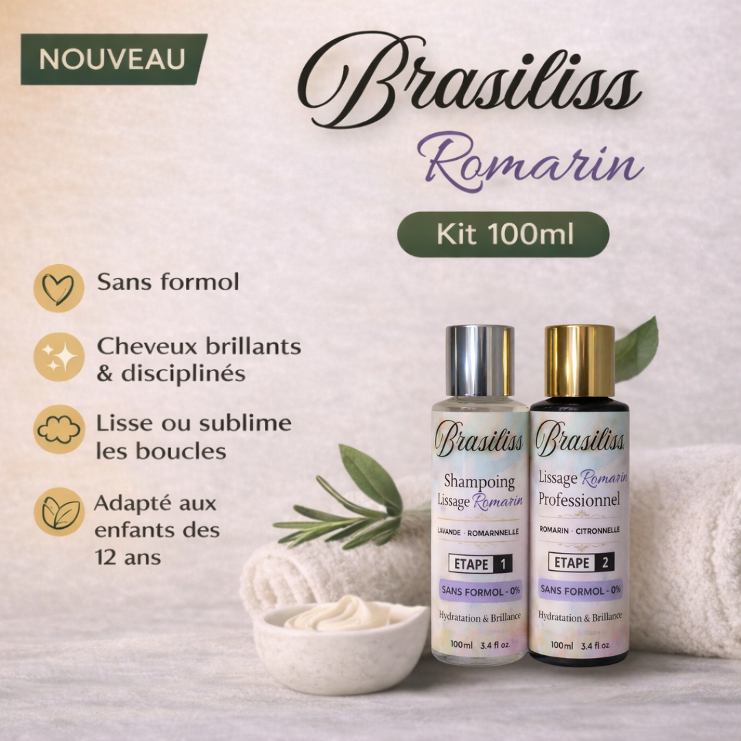 Kit lissage Romarin Brasiliss 100ml avec shampoing, soin sans formol, cheveux brillants et disciplinés, adapte dès 12ans.