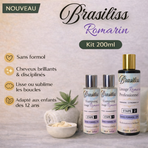 Kit lissage Brasiliss Romarin 200ml avec shampoing, cheveux brillants, lisses ou bouclés, sans formol, adapté dès 12ans